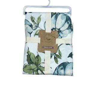 Fall Fabric Autumn Pumkin Tablecloth 60 in X102 in White Green Blue Watercolor